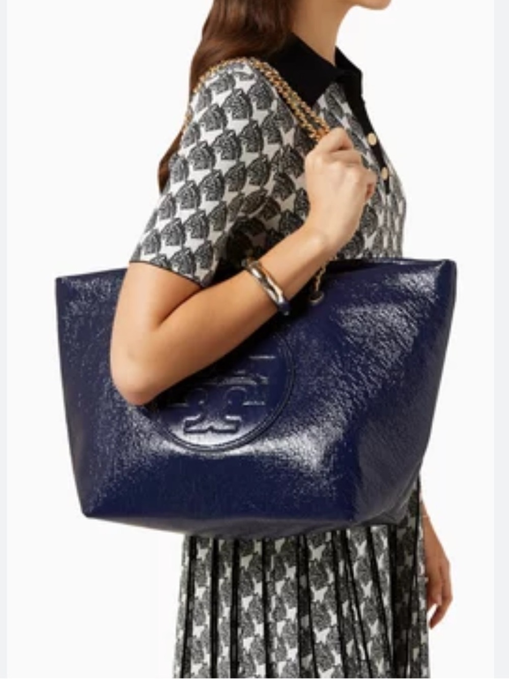 Tory Burch Crinkled Ella Navy Blue Patent Tote Gold Chains